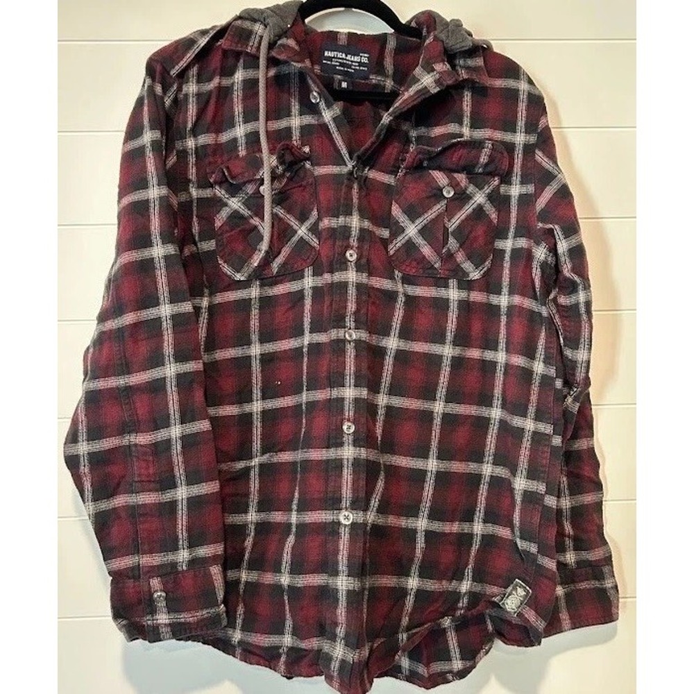 Nautica Jeans Co Hooded‎ Plaid Work Shirt Shacket Button-up  Medium